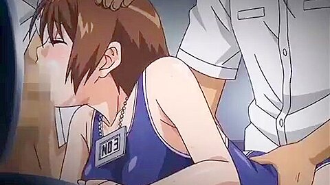 A beautiful girl in a uniform gets all the boys in a swimsuit in the toilet and ejaculates in her mouth.