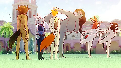 Zootopia Anime Style. Naked Young Girls Do Yoga On The Grass