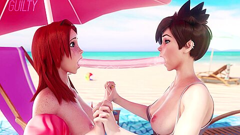 Anime Lesbians Sucking A Double-sided Dildo On The Beach