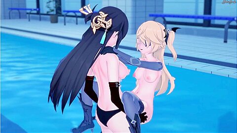 Lesbian Beidou Fucked With A Strap-on Blonde Fischl, Hot Hentai Sex In The Pool